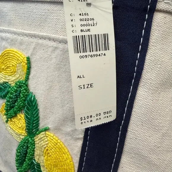 NWT Anthropologie The Hartley Cotton Canvas Tote Blue Beaded Lemon Print - Picture 4 of 11
